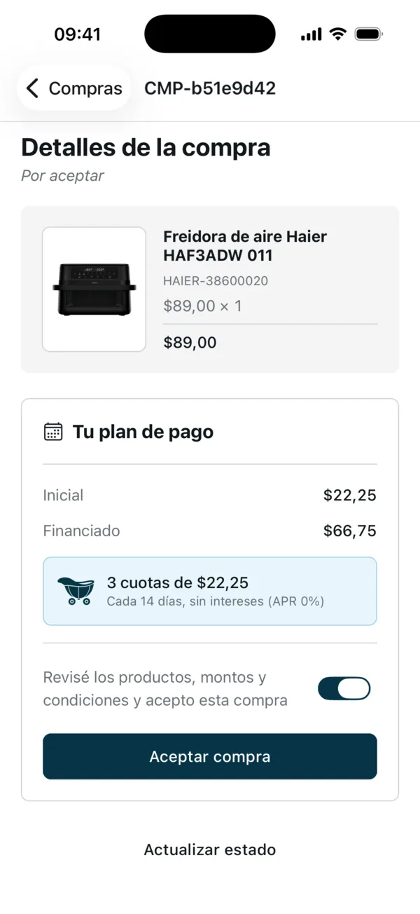 Detalles de una compra por aceptar, con el plan de pago y el botón Aceptar compra