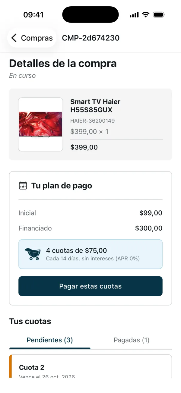 Detalles de una compra en curso: 4 cuotas de $75,00, cada 14 días, sin intereses (APR 0%)