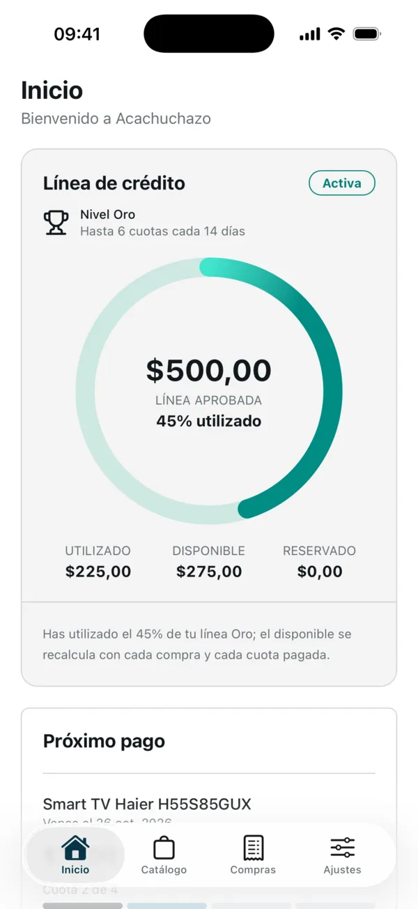 Inicio: línea de crédito de $500,00 con el 45% utilizado